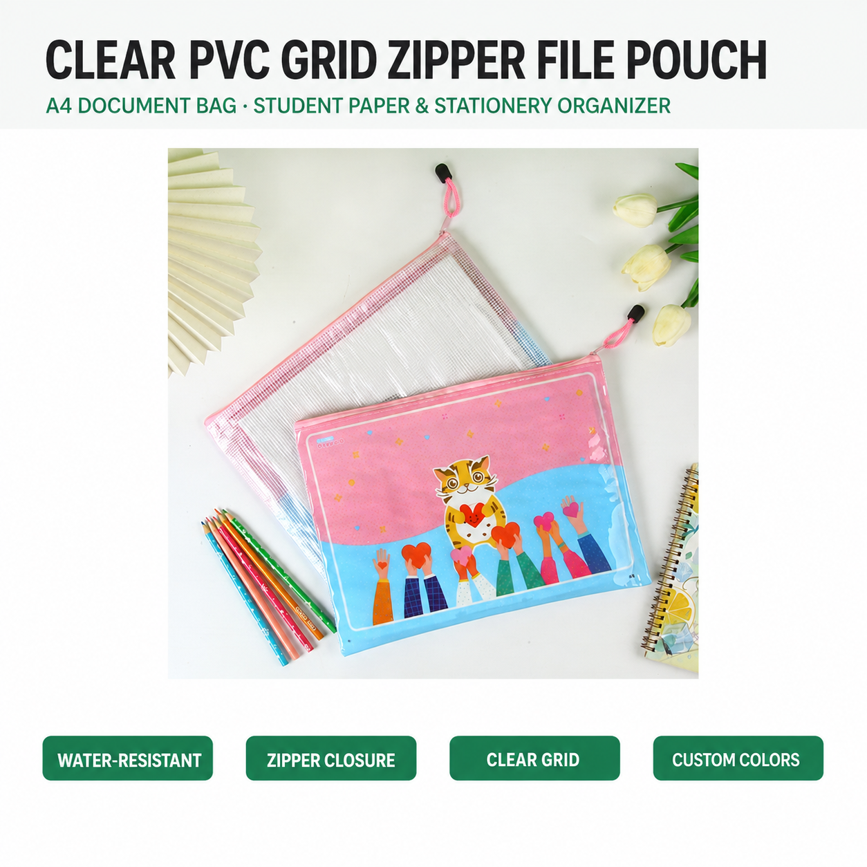 Clear PVC Grid Zipper File Pouch